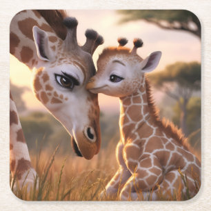 Giraffe Kärlek: Baby Kissing Mamma Underlägg Papper Kvadrat