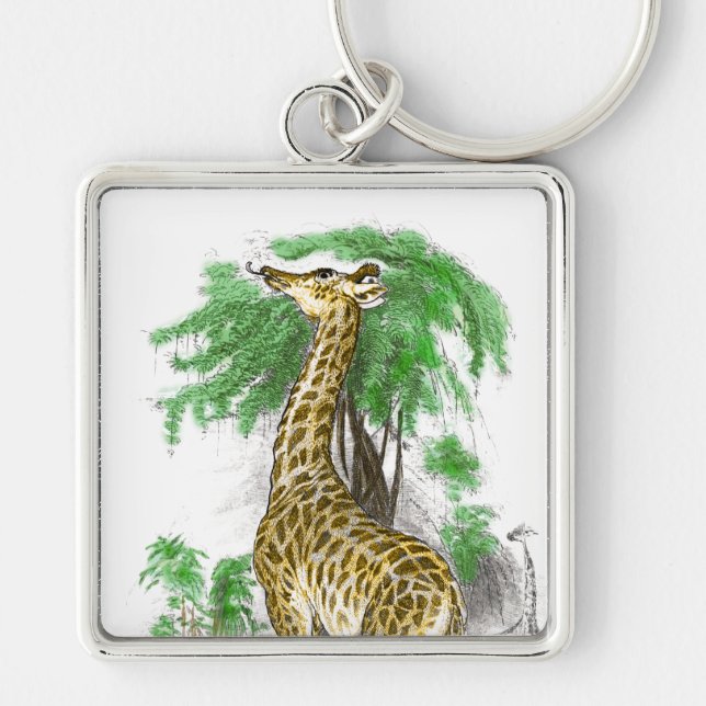Giraffe Keychain Fyrkantig Silverfärgad Nyckelring (Framsidan)