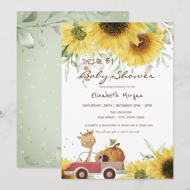Giraffe Lastbil Pumpkin Sunwers Drive Baby Shower Inbjudningar (Fram/baksida)