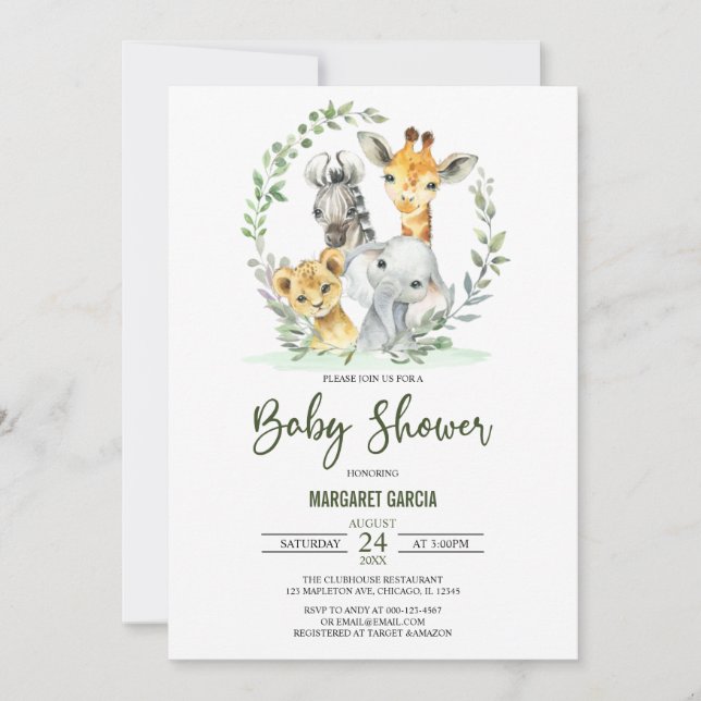 Giraffe Lejona Safari Jungle Animals Baby Shower Inbjudningar (Framsida)