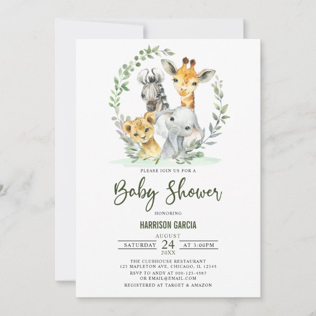 Giraffe Lejona Safari Jungle Animals Baby Shower Inbjudningar (Framsida)
