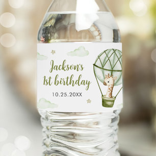 Giraffe Luftballong Grönt Boy 1st Birthday Vattenflaskor Etikett