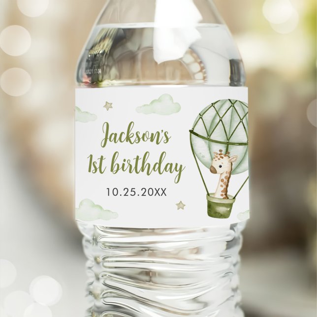 Giraffe Luftballong Grönt Boy 1st Birthday Vattenflaskor Etikett (Skapare uppladdad)