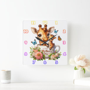 Giraffe Mamma: Calf, Flowers, Mors dag Fyrkantig Klocka