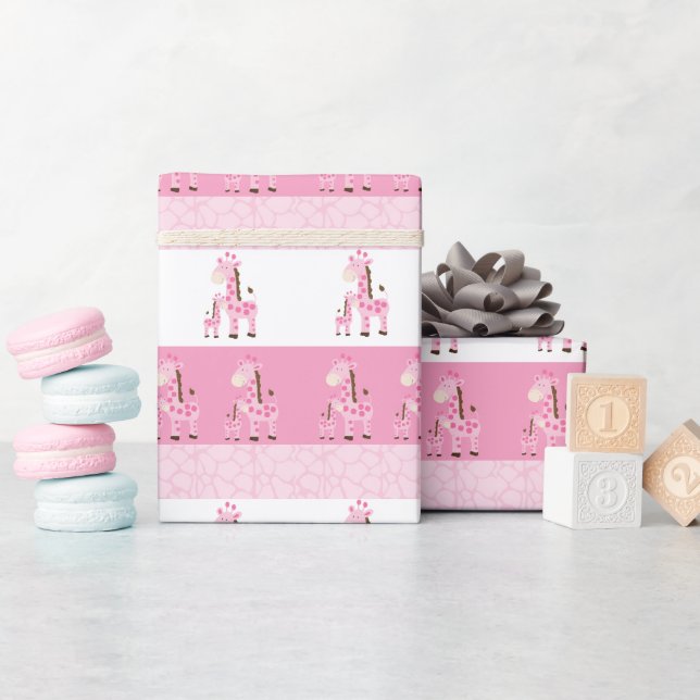Giraffe Mamma och Baby i Rosa Presentpapper (Baby Shower)