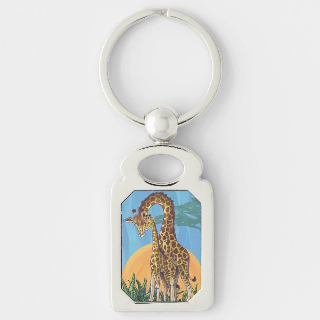 Giraffe Mamma och Baby Rektangulärt Silverfärgad Nyckelring (Framsidan)