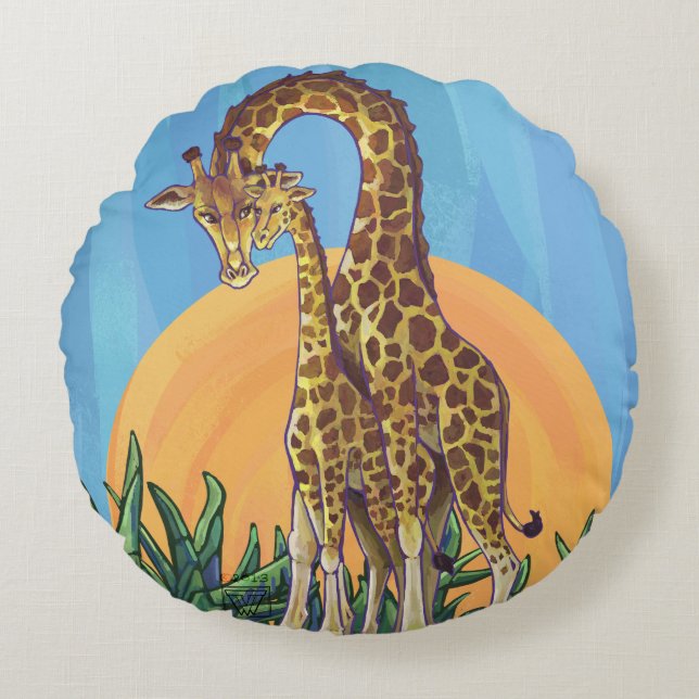 Giraffe Mamma och Baby Rund Kudde (Framsidan)