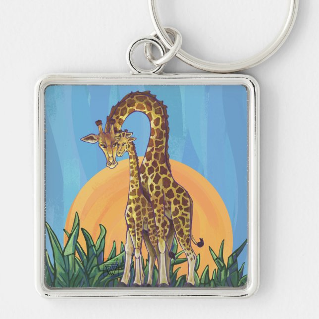 Giraffe Mamma och Bebis Fyrkantig Silverfärgad Nyckelring (Framsidan)