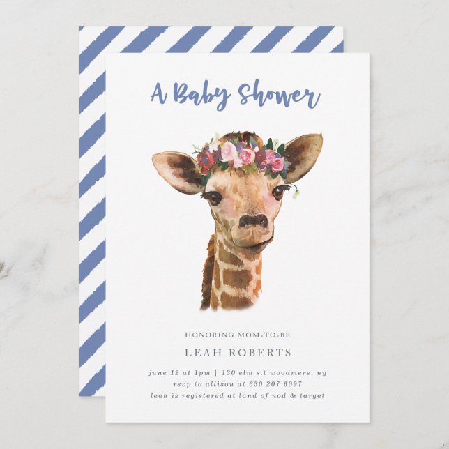 Giraffe med blommigt krona inbjudningar (Fram/baksida)