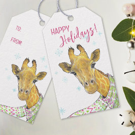 Giraffe med julscarf Cute lustig Djurkonst Presentetikett