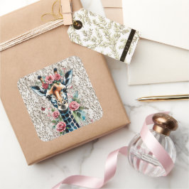 Giraffe med Rosa ros och Vintage Snöre Fyrkantigt Klistermärke