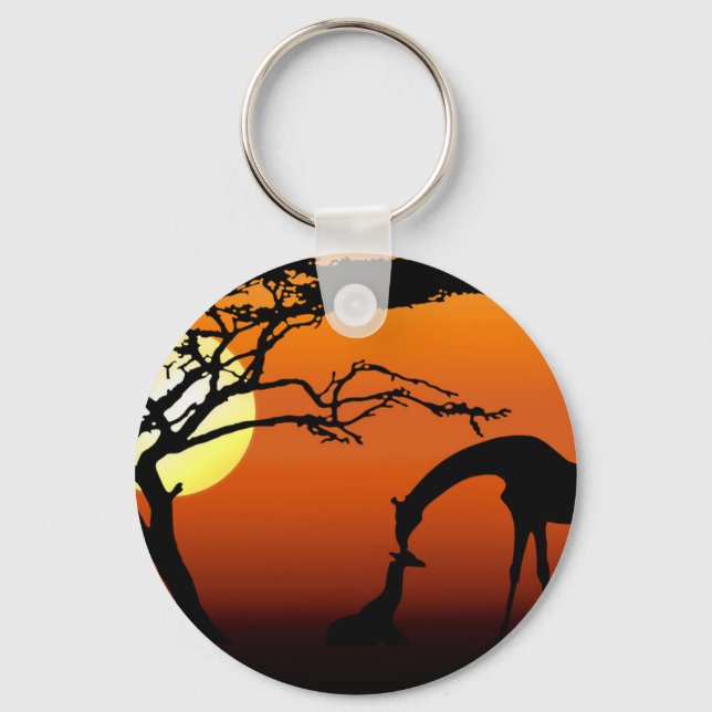 Giraffe Mor och Baby i African Sunset Nyckelring (Framsida)