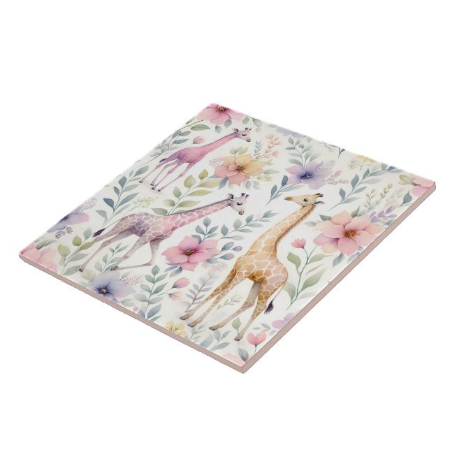 Giraffe Mural med blommor Kakelplatta (Sidan)