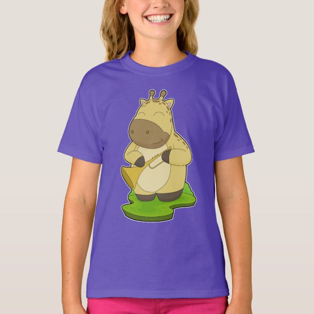 Giraffe Musician Trumpet Music T Shirt (Framsida)