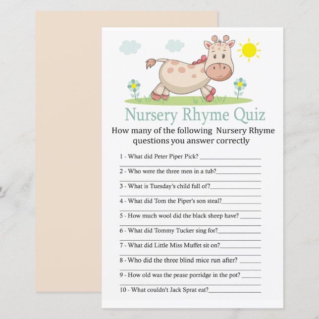Giraffe Nursery Rhyme Quiz babyduschspel (Fram/baksida)