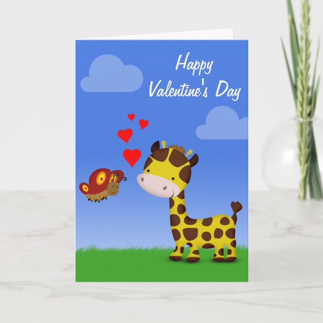 Giraffe och Butterfly Valentines dag Helgkort (Framsida)