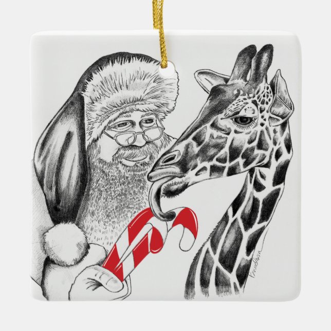 Giraffe och Jultomten Julgransprydnad Keramik (Framsida)