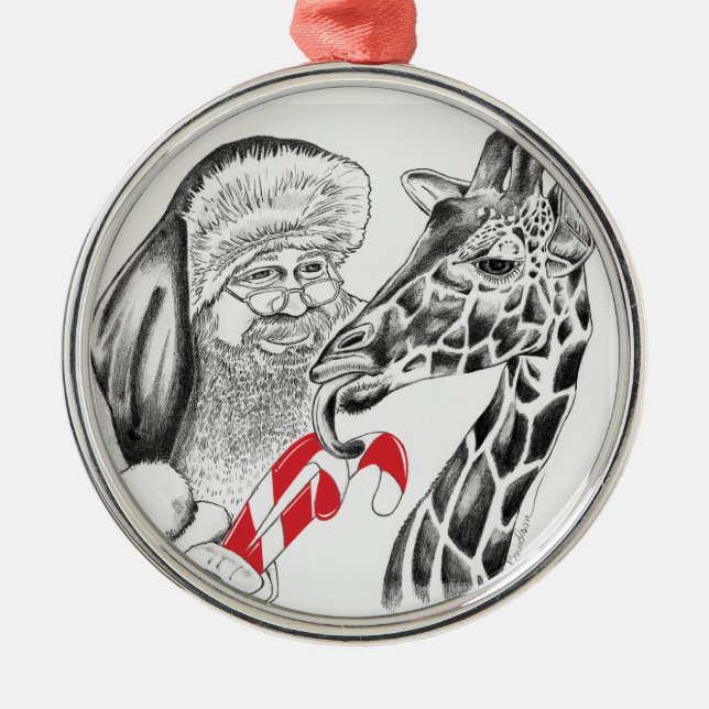 Giraffe och Jultomten Julgransprydnad Metall (Framsidan)