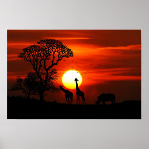 Giraffe och Rhinoceros Sunset Poster