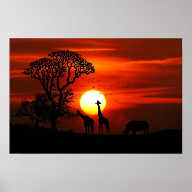 Giraffe och Rhinoceros Sunset Poster (Framsidan)