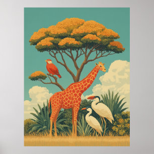 Giraffe och Safari Birds Poster