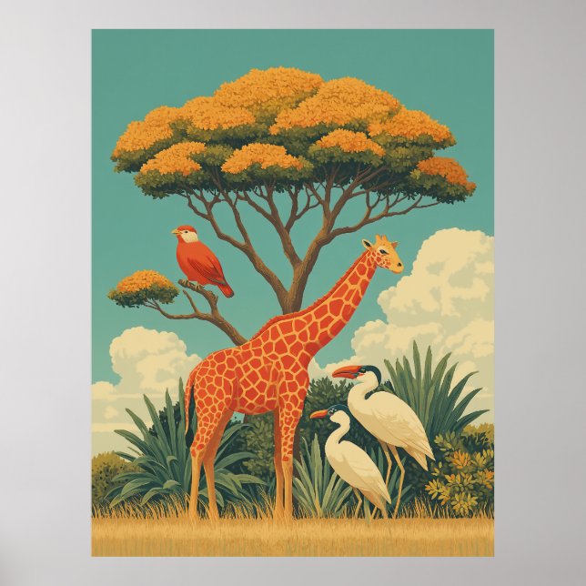 Giraffe och Safari Birds Poster (Framsidan)