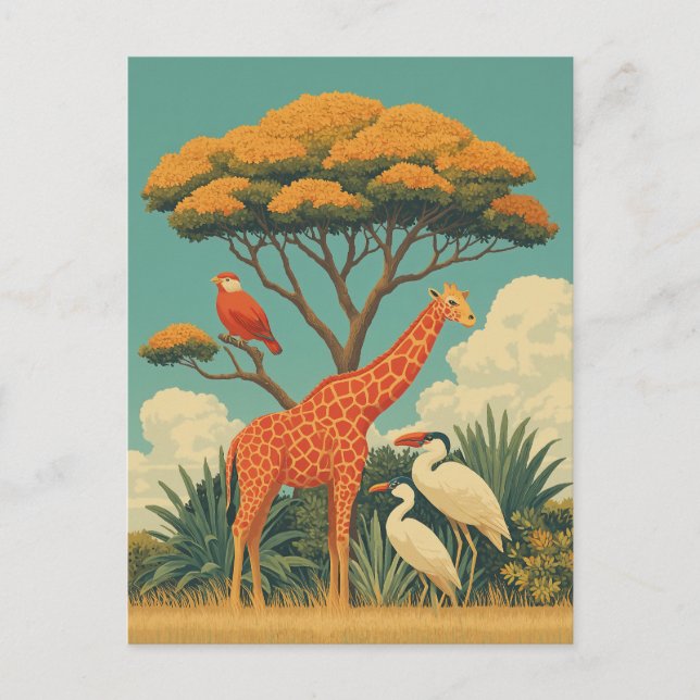 Giraffe och Safari Birds Vykort (Framsida)