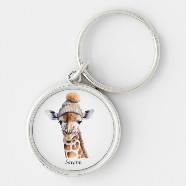 Giraffe på anpassadet vinterhatt rund silverfärgad nyckelring (Framsidan)