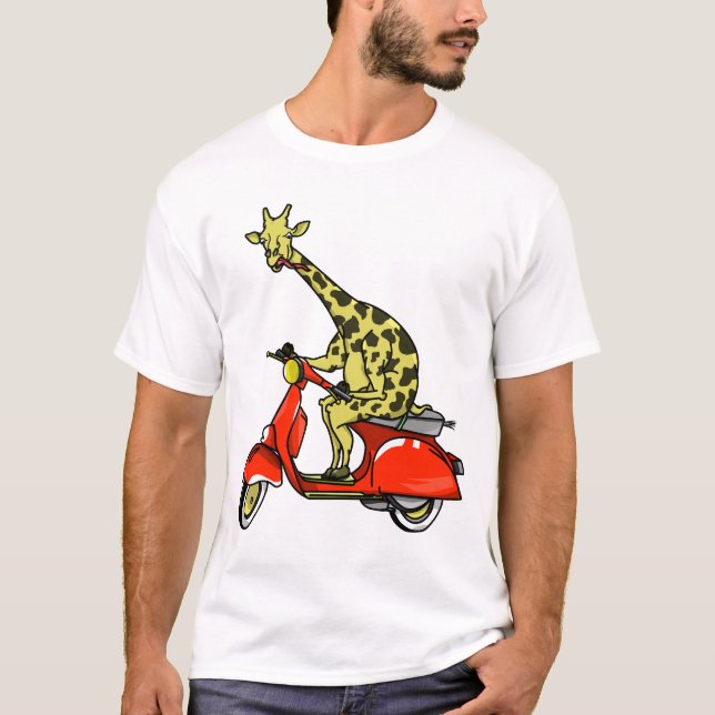 Giraffe på en röd bakmoped t-shirt (Framsida)