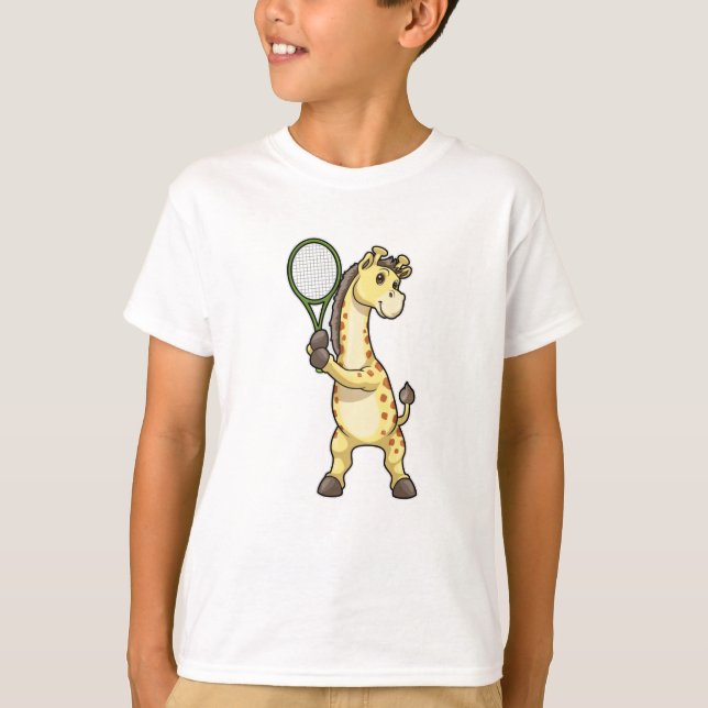 Giraffe på Tennis med Tennis racket et T Shirt (Framsida)
