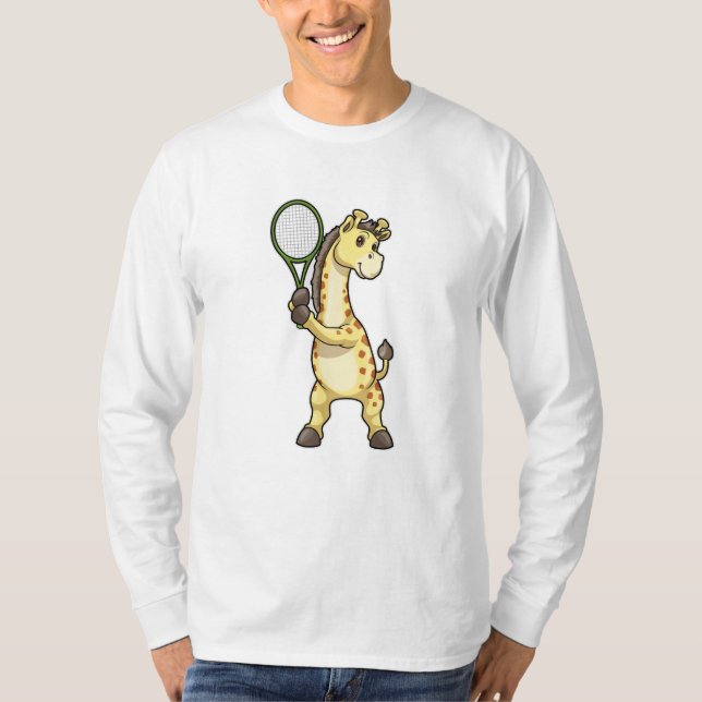 Giraffe på Tennis med Tennis racket et T Shirt (Framsida)