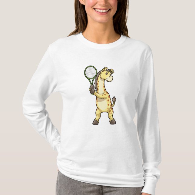 Giraffe på Tennis med Tennis racket et T Shirt (Framsida)
