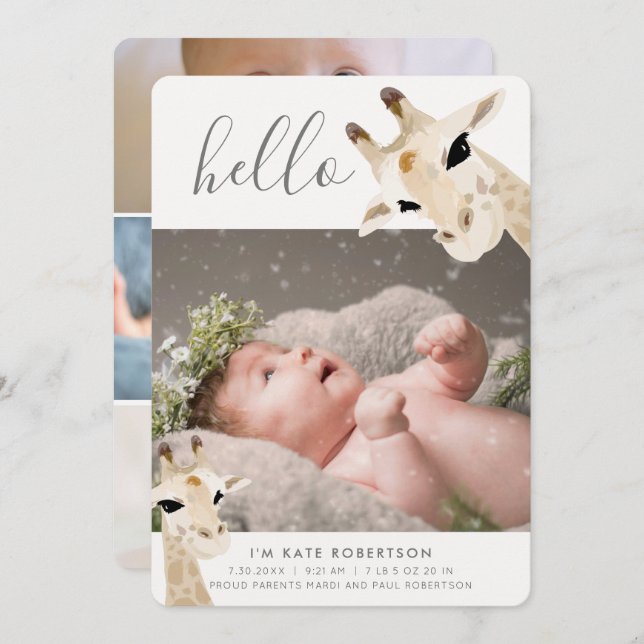 Giraffe Photo Collage Birth Notice Inbjudningar (Fram/baksida)