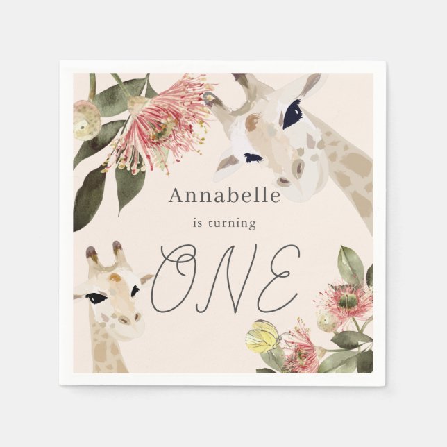 Giraffe Pink Floral Girl 1st Birthday Pappersservett (Framsidan)