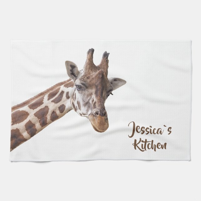 Giraffe Porträtt på den vita Personligen Namn Kökshandduk (Horisontell)