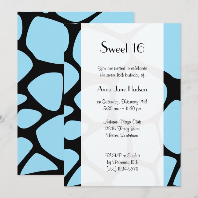 Giraffe Print, Blue Giraffe, Jungle, Sweet 16 Inbjudningar (Fram/baksida)