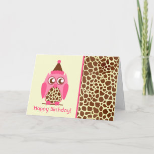 Giraffe Print & Rosa Uggla Birthday Card Kort