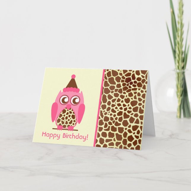 Giraffe Print & Rosa Uggla Birthday Card Kort (Framsida)