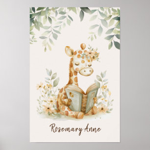 Giraffe Reading Bokar Nursery Jungle Animal Poster
