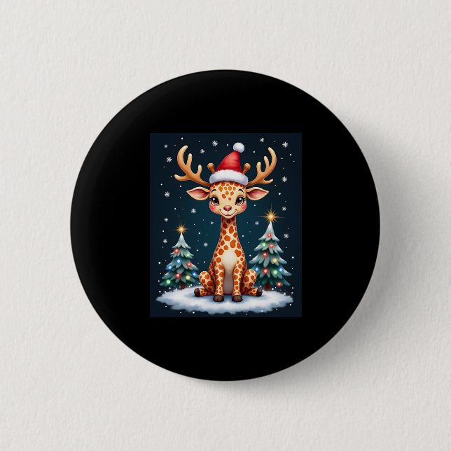 Giraffe Reindeer Hat Santa Julgran Funny Xm Knapp (Framsida)