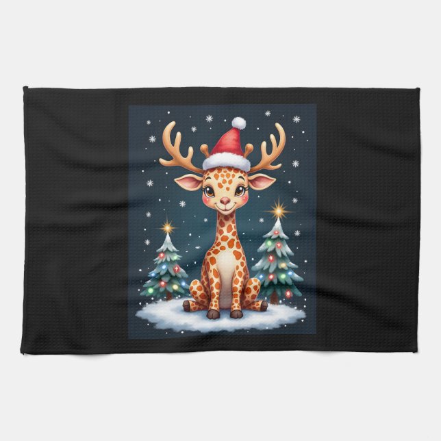 Giraffe Reindeer Hat Santa Julgran Funny Xm Kökshandduk (Horisontell)
