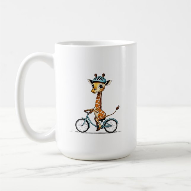 Giraffe Riding a Bicycle - Handritad pennkonst Kaffemugg (Vänster)