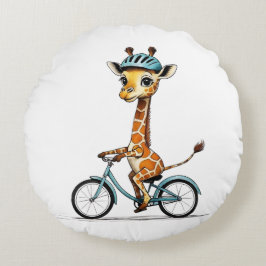 Giraffe Riding a Bicycle - Handritad pennkonst Rund Kudde