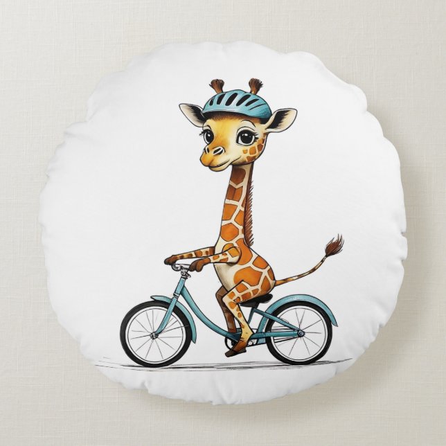 Giraffe Riding a Bicycle - Handritad pennkonst Rund Kudde (Framsidan)