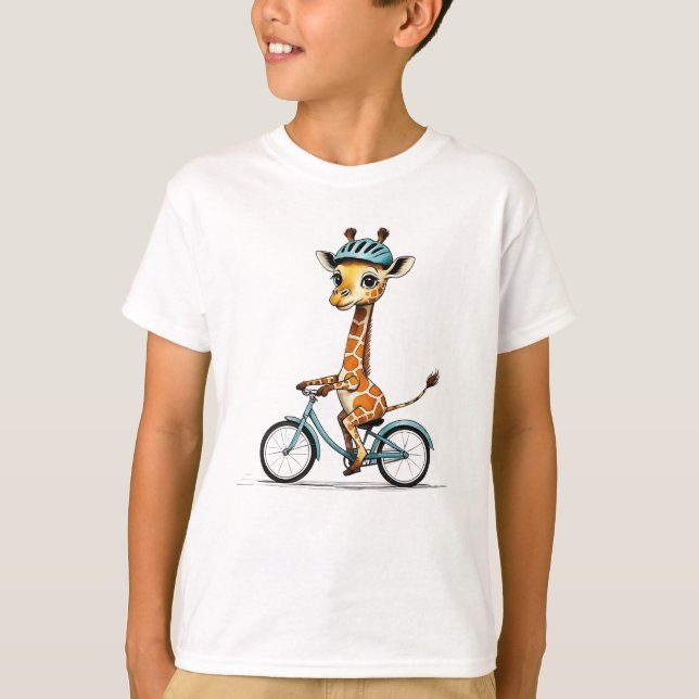 Giraffe Riding a Bicycle - Handritad pennkonst T Shirt (Framsida)