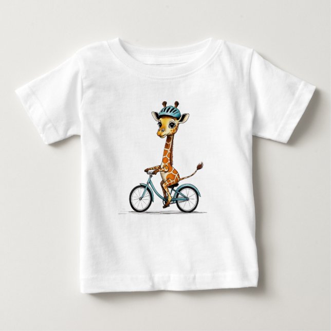 Giraffe Riding a Bicycle - Handritad pennkonst T Shirt (Framsida)