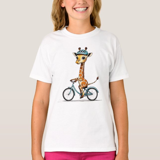 Giraffe Riding a Bicycle - Handritad pennkonst T Shirt (Framsida)