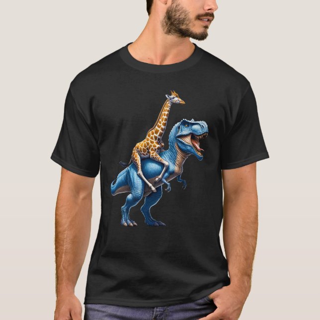 Giraffe Riding Dinosaur Älskare T Shirt (Framsida)
