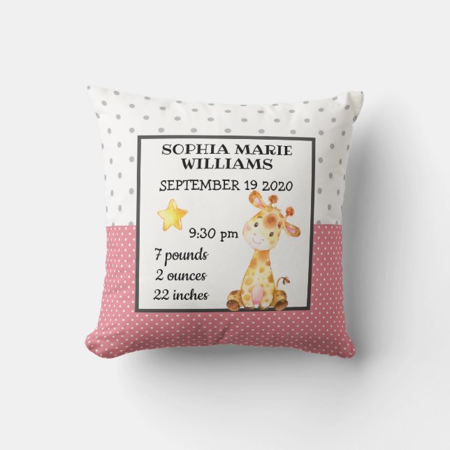 Giraffe Rosa Birkeland Stats Baby Announcement Gir Kudde (Framsida)