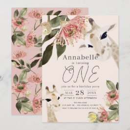 Giraffe Rosa Blommigt Girl 1st Birthday Inbjudningar